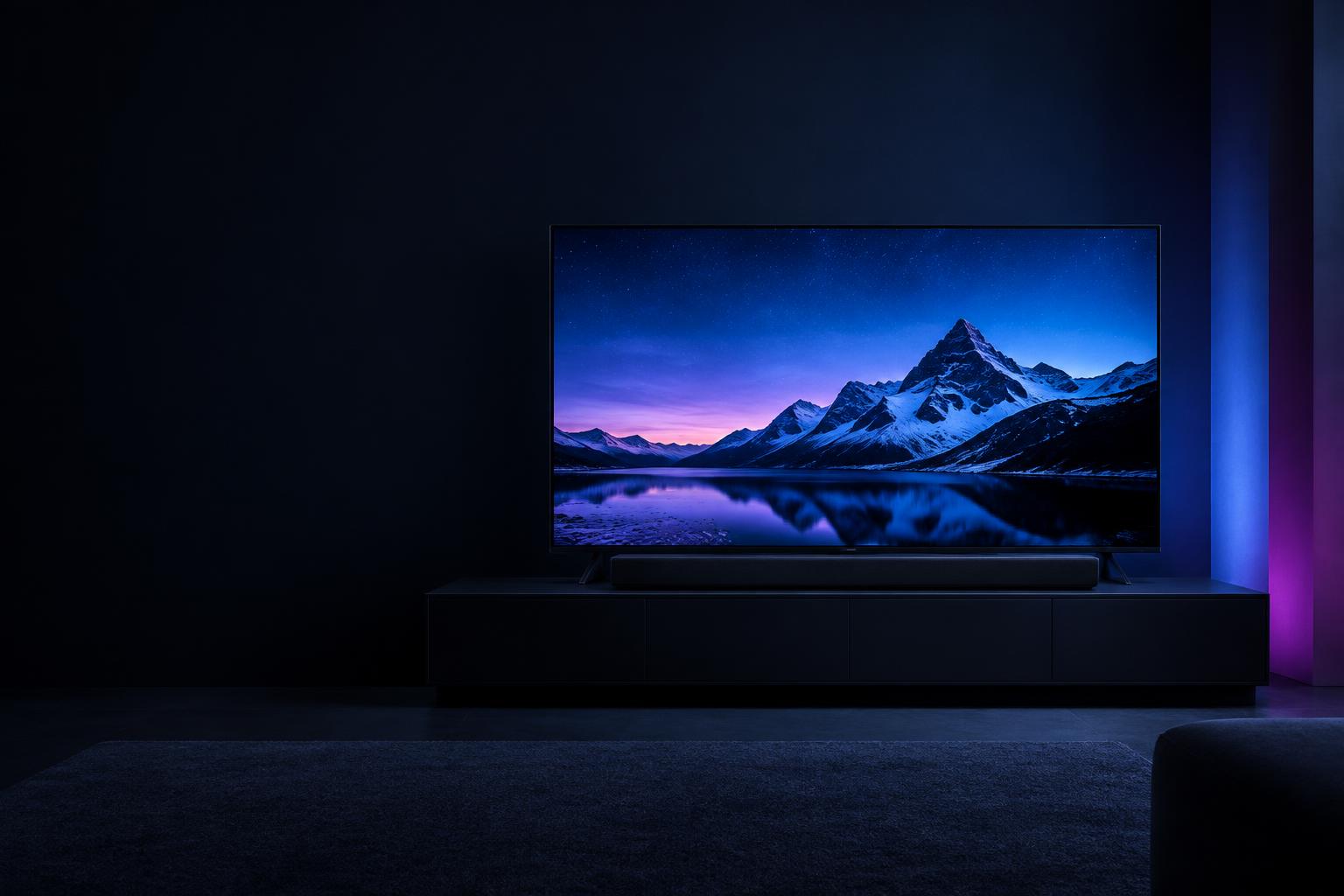 A modern home cinema showing a mountain landscape